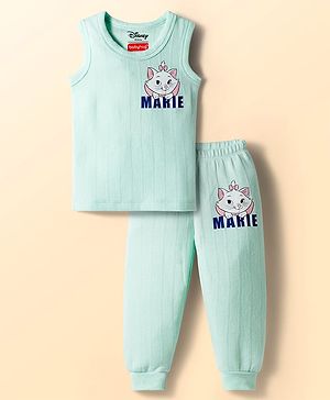 Babyhug Disney Interlock Sleeveless Pullover Thermal Vest & Pant Set with The Aristocats Marie Print - Light Blue
