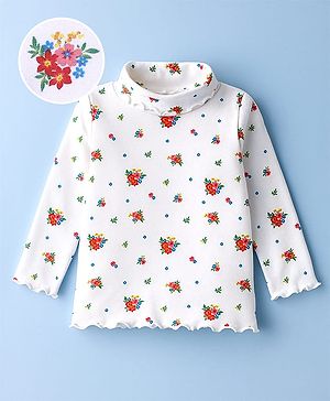 Babyhug Cotton Knit Full Sleeves Turtle Neck Winter T-Shirt with Floral Print - White
