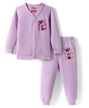 Babyhug Disney Interlock Full Sleeve Front Open Thermal Wear Set With Minnie Mouse Graphics - Lavender