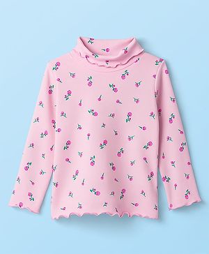 Babyhug Cotton Elastane Knit Full Sleeves Turtle Neck Winter T-Shirt with Floral Print - Pink