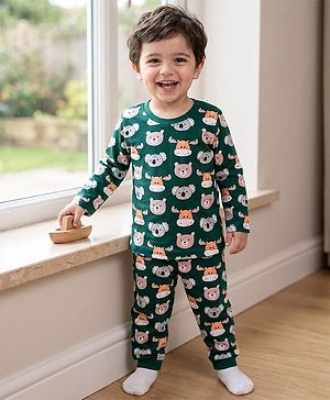 Babyhug Cotton Knit Full Sleeves Co-ords Night Suit With Animal Print - Green