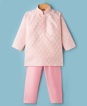 Ridokidz Full Sleeves Ethnic Motif Embroidered Kurta Pyjama Set - Light Pink