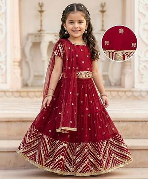 Babyhug Georgette Woven Half Sleeves Foil Printed Choli Lehenga Set with Dupatta & Lace Detailing - Red