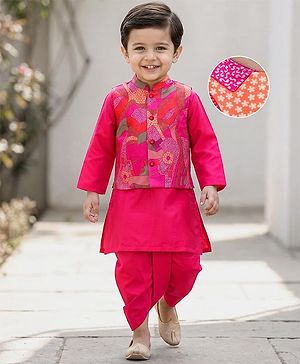 Babyhug Rayon Woven Full Sleeves Kurta Dhoti Set with Jacket & Abstract Print - Fuchsia