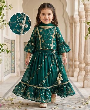 Babyhug Woven Half Sleeves Choli Lehenga & Dupatta Set With Floral Sequin Embriodery - Teal Blue