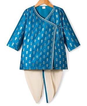 Babyhug Brocade Woven Full Sleeves Kurta Dhoti Set with Floral Foil Print - Royal Blue & White