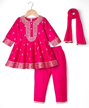 Babyhug Woven Full Sleeves Kurti Palazzo & Dupatta Set with Floral Foil Print & Embroidery - Fuchsia