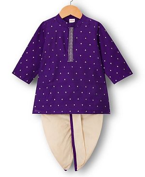 Babyhug Cotton Blend Woven Full Sleeves Kurta Dhoti Set With Foil Print - Purple & White