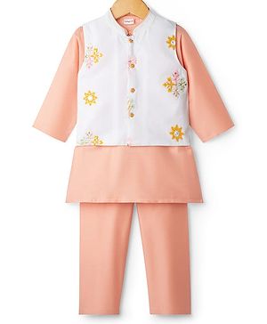 Babyhug Rayon Woven Full Sleeves Kurta Pajama & Jacket Set With Floral Embroidery - Peach