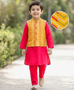 Babyhug Rayon Woven Full Sleeves Kurta Pajama Set with  Embroidered Nehru Jacket - Red & Yellow
