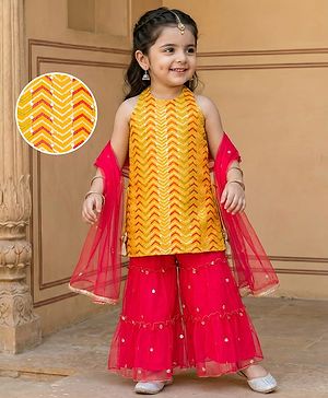 Babyhug Georgette Woven Sleeveless Halter Neck Kurti Palazzo  & Dupatta Set With Sequin Embriodery - Yellow & Red