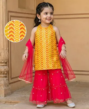 Babyhug Georgette Woven Sleeveless
                              Halter Neck Kurti Palazzo & Dupatta
                              Set With Sequin Embriodery - Yellow &
                              Red