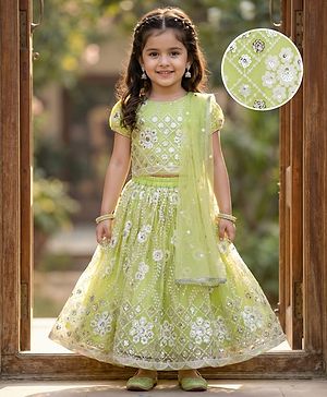Babyhug Georgette Woven Puffed Sleeves Sequinned Floral Designed Choli Lahenga Set with Dupatta- Light Green