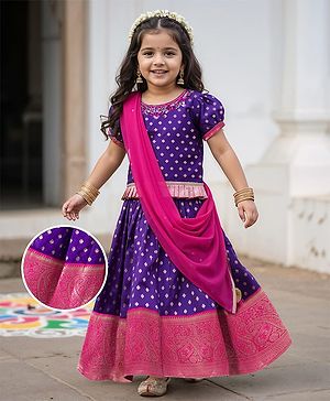 Babyhug Brocade Woven Half Sleeves Choli Lehenga & Dupatta Set With Floral Foil Print - Purple