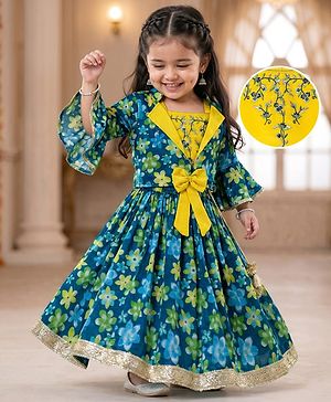 Babyhug Georgette Woven Full Sleeves Choli Lehenga & Jacket Set With Floral Print & Embridoery - Green