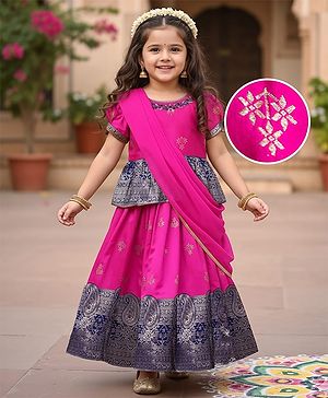 Babyhug Brocade Woven Half Sleeves Pattu Pavada Choli Lehenga & Dupatta Set with Floral Print - Fuchsia