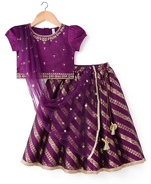 Babyhug Brocade Woven Half Sleeves Choli Lehenga & Dupatta Set With Floral Embriodery - Wine