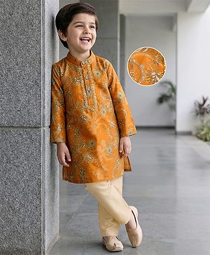 Babyhug Cotton Woven Full Sleeves Cambric Foil Printed Kurta Pajama Set- Mustard