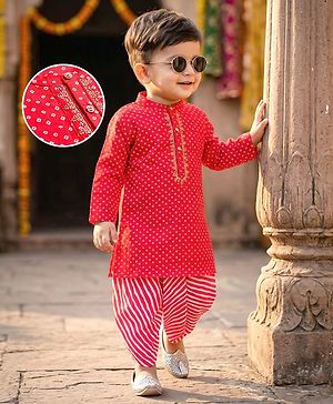 Babyhug Cambric Woven Full Sleeves Kurta Dhoti Set with Angarakha Foil Print - Red
