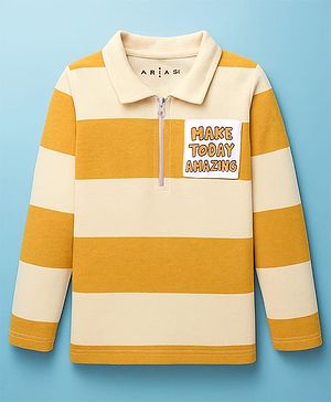 Arias Cotton Knit Full Sleeves Polo T-Shirt With Stripes & Make Today Amazing Text Print - Offwhite & Yellow