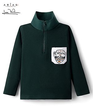 Arias Cotton Knit Full Sleeves High Neck T-Shirt with Explorer Text Print on Pocket - Dark Green
