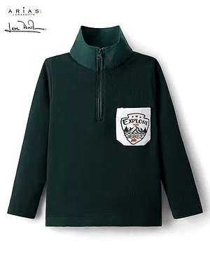 Arias Cotton Knit Full Sleeves High Neck T-Shirt with Explorer Text Print on Pocket - Dark Green