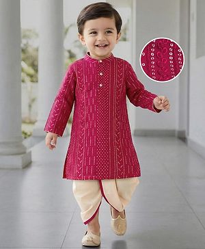 Babyhug Georgette Woven Full Sleeves Embellished Kurta Dhoti Set - Red & White