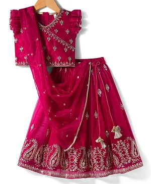 Babyhug Woven Frill Sleeves Choli
                              Lehenga & Dupatta Set with Floral
                              Embroidery - Fuchsia
