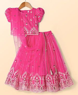 Babyhug Net Woven Half Puffed Sleeves Choli Lehenga & Dupatta Set with Floral Embroidery - Pink