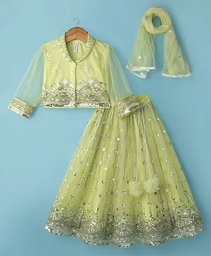 Babyhug Net Woven Three Fourth Choli
                              Lehenga & Dupatta Set With Sequin
                              Embriodery - Green