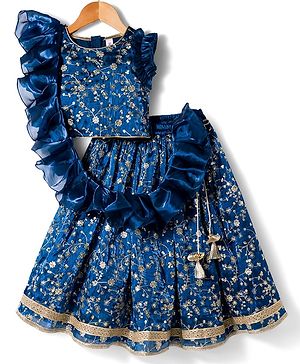 Babyhug Woven Sleeveless Choli Lehenga & Frilled Dupatta Set with Floral Embroidery - Navy Blue