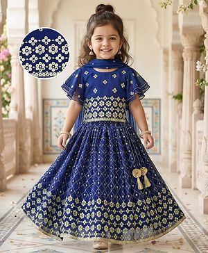 Babyhug Georgette Woven Half Flutter Sleeves Choli Lehenga Set with Dupatta & Embroidery - Navy Blue