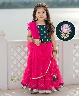 Babyhug Brocade Woven Half Sleeves Choli Shimmer Net Lehenga & Dupatta Set with Floral Embroidery - Fuchsia