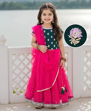 Babyhug Brocade Woven Half Sleeves
                              Choli Shimmer Net Lehenga & Dupatta
                              Set with Floral Embroidery - Fuchsia