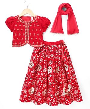 Babyhug Velvet Woven Half Puffed Sleeves Choli Lehenga & Dupatta Set with Floral Embroidery & Embellishments - Red