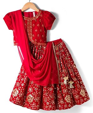 Babyhug Velvet Woven Half Puffed Sleeves Choli Lehenga & Dupatta Set with Floral Embroidery & Embellishments - Red