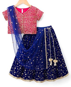 Babyhug Velvet Woven Half Sleeves Choli Lehenga & Dupatta Set With Sequin Embriodery - Blue