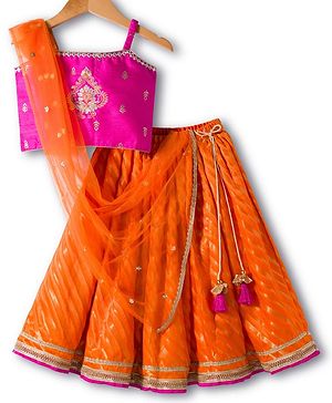 Babyhug Brocade Woven Sleeveless Choli Lehenga & Dupatta Set With Floral Embroidery - Orange