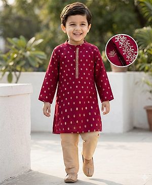 Babyhug Brocade Woven Full Sleeves Kurta Pajama Set With Floral Print - Maroon