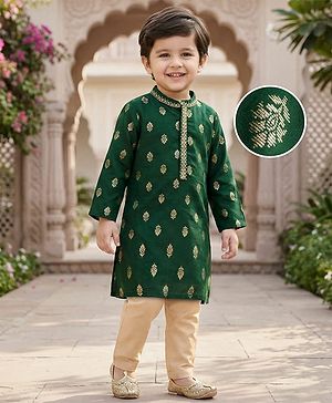 Babyhug Woven Full Sleeves Kurta Pajama Set With Floral Foil Print - Green