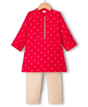 Babyhug Woven Full Sleeves Kurta Pajama Set With Floral Foil Print - Red