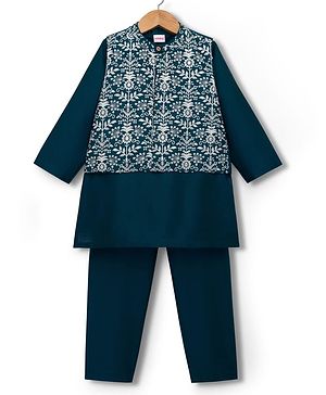 Babyhug Cotton Blend Woven Full Sleeves Kurta Pajama Set with Jacket & Floral Embroidery - Teal Blue