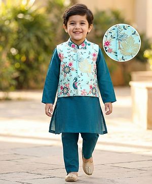 Babyhug Woven Full Sleeves Kurta Pajama & Floral Embroidery Jacket Set  - Teal Blue