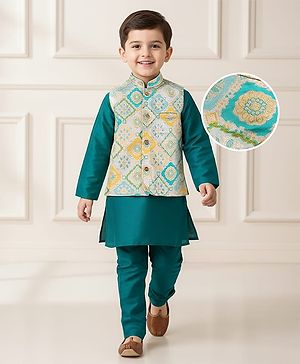 Babyhug Cotton Blend Full Sleeves Kurta Pajama Set with Jacket & Motif Embroidery - Teal Blue