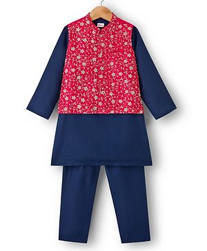 Babyhug Woven Full Sleeves Kurta Pyjama Set With Floral Embroidered Nehru Jacket - Navy Blue