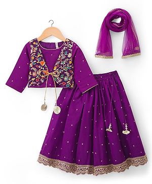Babyhug Lurex Woven Three Fourth Sleeves Choli Lehenga & Dupatta Set With Floral Embriodery - Purple