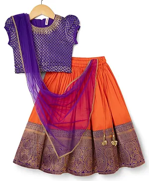 Babyhug Brocade Woven Half Sleeves
                              Pattu Pavda Choli Lehenga & Dupatta
                              Set With Floral Print & Embroidery -
                              Orange & Purple