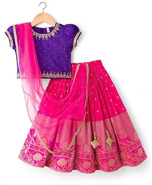 Babyhug Brocade Woven Half Sleeves Pattu Pavda Choli Lehenga & Dupatta Set With Floral Embriodery - Fuschia