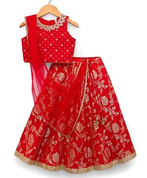Babyhug Brocade Woven Sleeveless Choli Lehenga Set with Dupatta & Floral Embroidery - Red