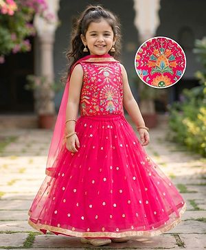 Babyhug Net Woven Sleeveless Choli Lehenga & Dupatta Set With Floral Embriodery - Fuschia